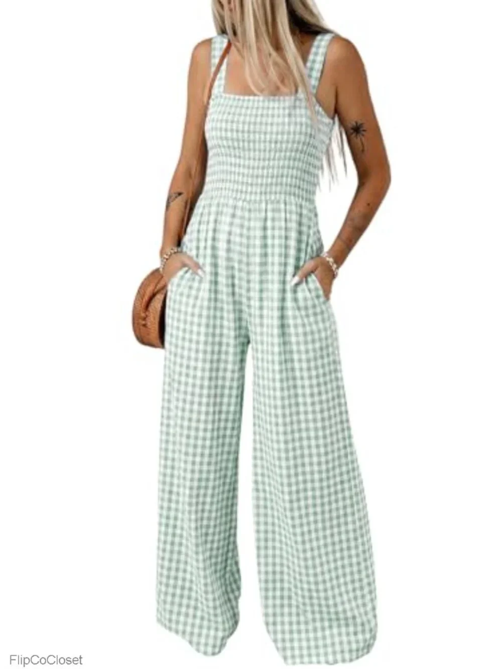 One Piece Sleeveless Smocked High Waist Wide Leg Jumpsuit Romper